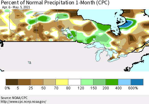 Canada Percent of Normal Precipitation 1-Month (CPC) Thematic Map For 4/6/2021 - 5/5/2021