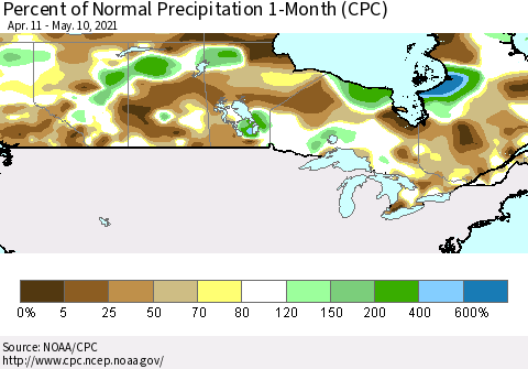 Canada Percent of Normal Precipitation 1-Month (CPC) Thematic Map For 4/11/2021 - 5/10/2021