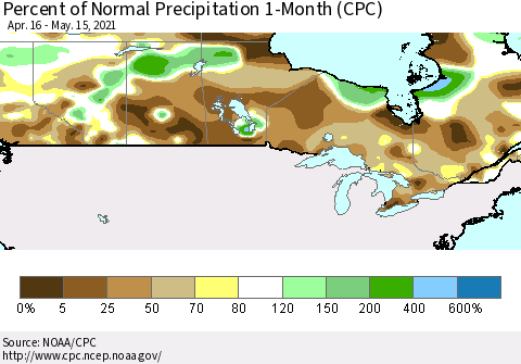Canada Percent of Normal Precipitation 1-Month (CPC) Thematic Map For 4/16/2021 - 5/15/2021