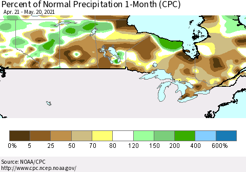 Canada Percent of Normal Precipitation 1-Month (CPC) Thematic Map For 4/21/2021 - 5/20/2021