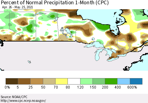 Canada Percent of Normal Precipitation 1-Month (CPC) Thematic Map For 4/26/2021 - 5/25/2021