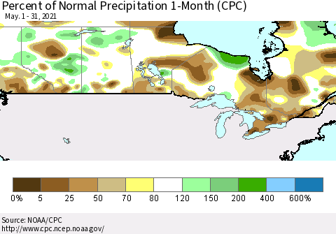 Canada Percent of Normal Precipitation 1-Month (CPC) Thematic Map For 5/1/2021 - 5/31/2021
