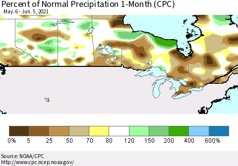 Canada Percent of Normal Precipitation 1-Month (CPC) Thematic Map For 5/6/2021 - 6/5/2021
