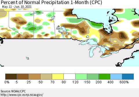 Canada Percent of Normal Precipitation 1-Month (CPC) Thematic Map For 5/11/2021 - 6/10/2021
