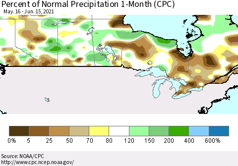 Canada Percent of Normal Precipitation 1-Month (CPC) Thematic Map For 5/16/2021 - 6/15/2021