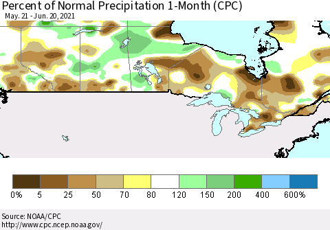Canada Percent of Normal Precipitation 1-Month (CPC) Thematic Map For 5/21/2021 - 6/20/2021