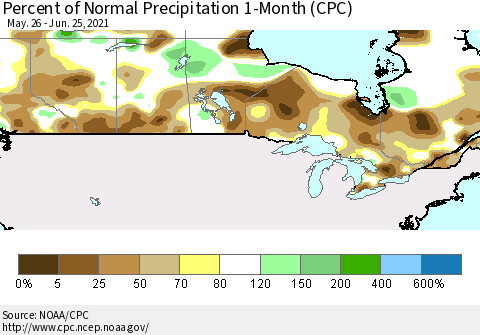Canada Percent of Normal Precipitation 1-Month (CPC) Thematic Map For 5/26/2021 - 6/25/2021