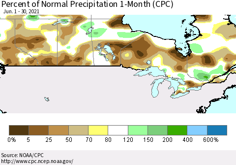 Canada Percent of Normal Precipitation 1-Month (CPC) Thematic Map For 6/1/2021 - 6/30/2021