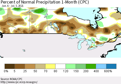 Canada Percent of Normal Precipitation 1-Month (CPC) Thematic Map For 6/6/2021 - 7/5/2021