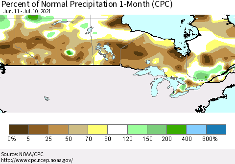 Canada Percent of Normal Precipitation 1-Month (CPC) Thematic Map For 6/11/2021 - 7/10/2021