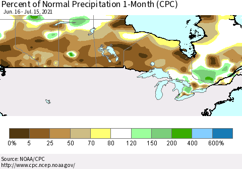 Canada Percent of Normal Precipitation 1-Month (CPC) Thematic Map For 6/16/2021 - 7/15/2021