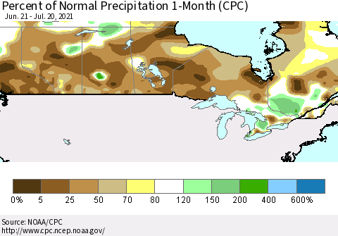 Canada Percent of Normal Precipitation 1-Month (CPC) Thematic Map For 6/21/2021 - 7/20/2021