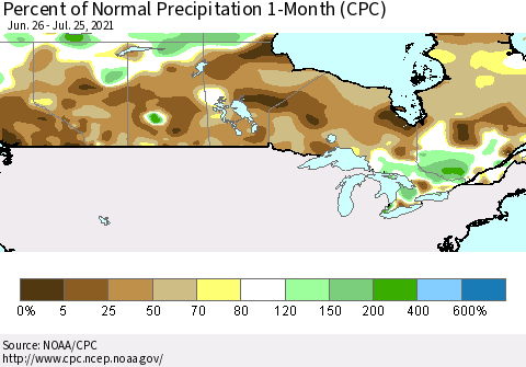 Canada Percent of Normal Precipitation 1-Month (CPC) Thematic Map For 6/26/2021 - 7/25/2021