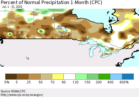 Canada Percent of Normal Precipitation 1-Month (CPC) Thematic Map For 7/1/2021 - 7/31/2021