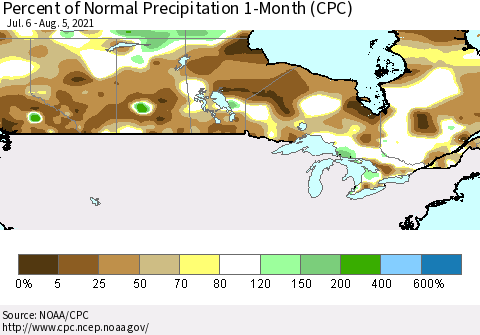 Canada Percent of Normal Precipitation 1-Month (CPC) Thematic Map For 7/6/2021 - 8/5/2021