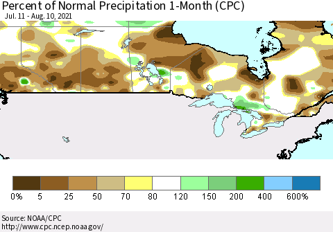 Canada Percent of Normal Precipitation 1-Month (CPC) Thematic Map For 7/11/2021 - 8/10/2021