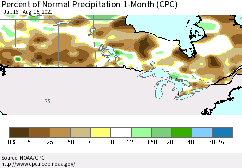Canada Percent of Normal Precipitation 1-Month (CPC) Thematic Map For 7/16/2021 - 8/15/2021