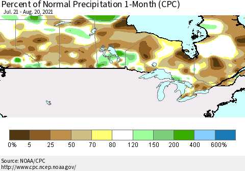 Canada Percent of Normal Precipitation 1-Month (CPC) Thematic Map For 7/21/2021 - 8/20/2021
