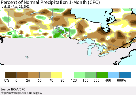 Canada Percent of Normal Precipitation 1-Month (CPC) Thematic Map For 7/26/2021 - 8/25/2021