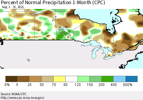 Canada Percent of Normal Precipitation 1-Month (CPC) Thematic Map For 8/1/2021 - 8/31/2021