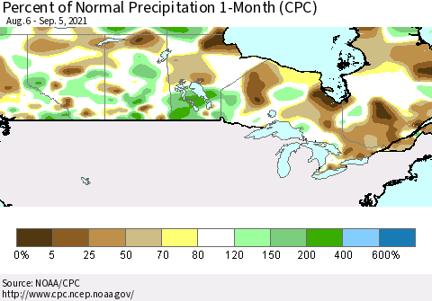 Canada Percent of Normal Precipitation 1-Month (CPC) Thematic Map For 8/6/2021 - 9/5/2021