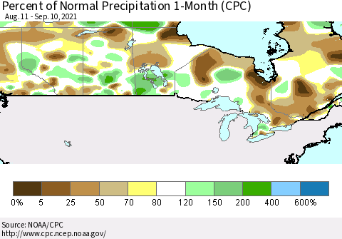 Canada Percent of Normal Precipitation 1-Month (CPC) Thematic Map For 8/11/2021 - 9/10/2021