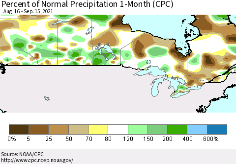 Canada Percent of Normal Precipitation 1-Month (CPC) Thematic Map For 8/16/2021 - 9/15/2021