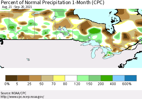 Canada Percent of Normal Precipitation 1-Month (CPC) Thematic Map For 8/21/2021 - 9/20/2021