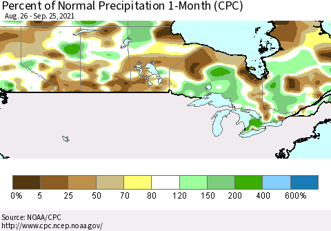 Canada Percent of Normal Precipitation 1-Month (CPC) Thematic Map For 8/26/2021 - 9/25/2021