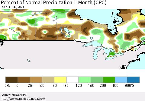 Canada Percent of Normal Precipitation 1-Month (CPC) Thematic Map For 9/1/2021 - 9/30/2021