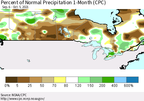 Canada Percent of Normal Precipitation 1-Month (CPC) Thematic Map For 9/6/2021 - 10/5/2021