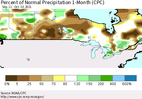 Canada Percent of Normal Precipitation 1-Month (CPC) Thematic Map For 9/11/2021 - 10/10/2021