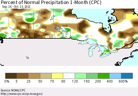 Canada Percent of Normal Precipitation 1-Month (CPC) Thematic Map For 9/16/2021 - 10/15/2021
