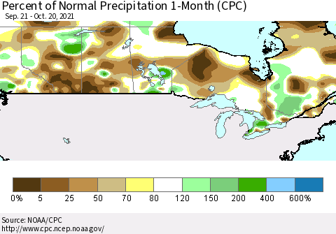 Canada Percent of Normal Precipitation 1-Month (CPC) Thematic Map For 9/21/2021 - 10/20/2021