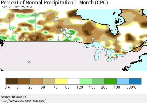 Canada Percent of Normal Precipitation 1-Month (CPC) Thematic Map For 9/26/2021 - 10/25/2021