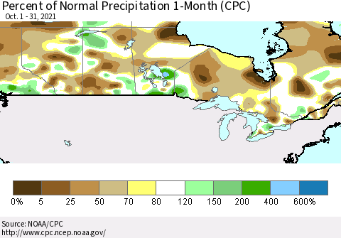 Canada Percent of Normal Precipitation 1-Month (CPC) Thematic Map For 10/1/2021 - 10/31/2021