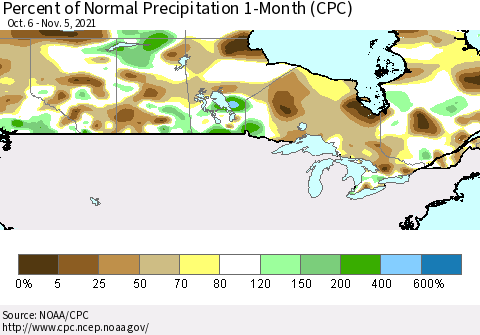 Canada Percent of Normal Precipitation 1-Month (CPC) Thematic Map For 10/6/2021 - 11/5/2021