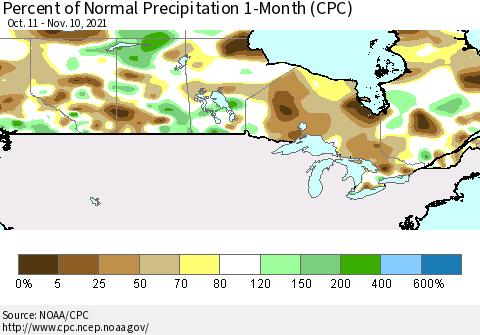 Canada Percent of Normal Precipitation 1-Month (CPC) Thematic Map For 10/11/2021 - 11/10/2021