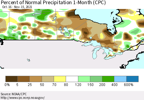 Canada Percent of Normal Precipitation 1-Month (CPC) Thematic Map For 10/16/2021 - 11/15/2021