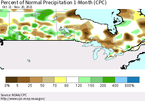Canada Percent of Normal Precipitation 1-Month (CPC) Thematic Map For 10/21/2021 - 11/20/2021