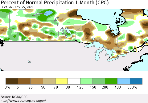 Canada Percent of Normal Precipitation 1-Month (CPC) Thematic Map For 10/26/2021 - 11/25/2021