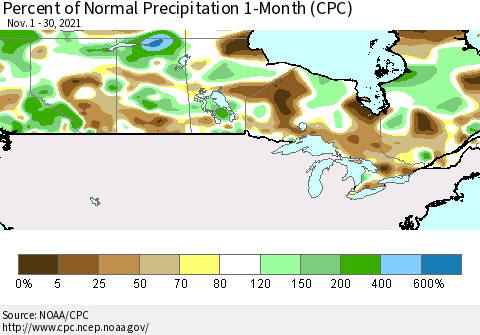 Canada Percent of Normal Precipitation 1-Month (CPC) Thematic Map For 11/1/2021 - 11/30/2021