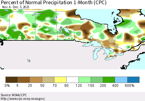 Canada Percent of Normal Precipitation 1-Month (CPC) Thematic Map For 11/6/2021 - 12/5/2021