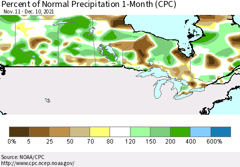 Canada Percent of Normal Precipitation 1-Month (CPC) Thematic Map For 11/11/2021 - 12/10/2021