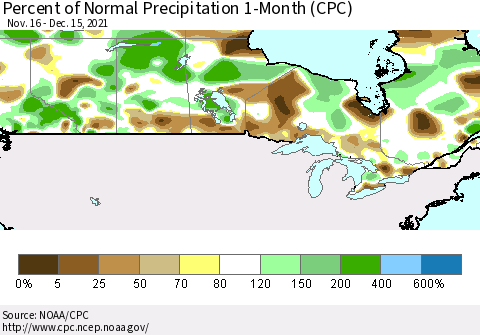 Canada Percent of Normal Precipitation 1-Month (CPC) Thematic Map For 11/16/2021 - 12/15/2021