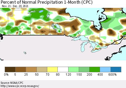 Canada Percent of Normal Precipitation 1-Month (CPC) Thematic Map For 11/21/2021 - 12/20/2021