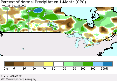 Canada Percent of Normal Precipitation 1-Month (CPC) Thematic Map For 11/26/2021 - 12/25/2021