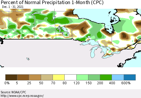 Canada Percent of Normal Precipitation 1-Month (CPC) Thematic Map For 12/1/2021 - 12/31/2021