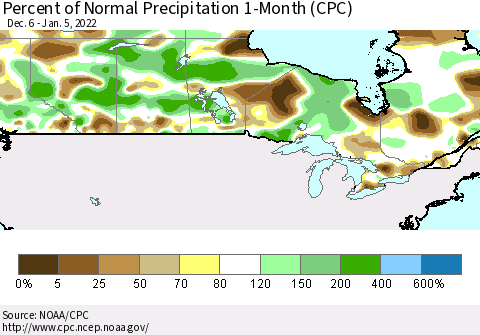 Canada Percent of Normal Precipitation 1-Month (CPC) Thematic Map For 12/6/2021 - 1/5/2022