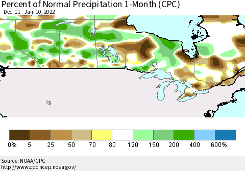 Canada Percent of Normal Precipitation 1-Month (CPC) Thematic Map For 12/11/2021 - 1/10/2022